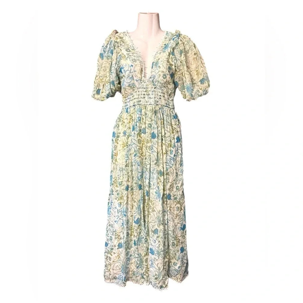 NWT Rococo Sand Elan Blue Multi Metallic Floral Midi Dress New with tags